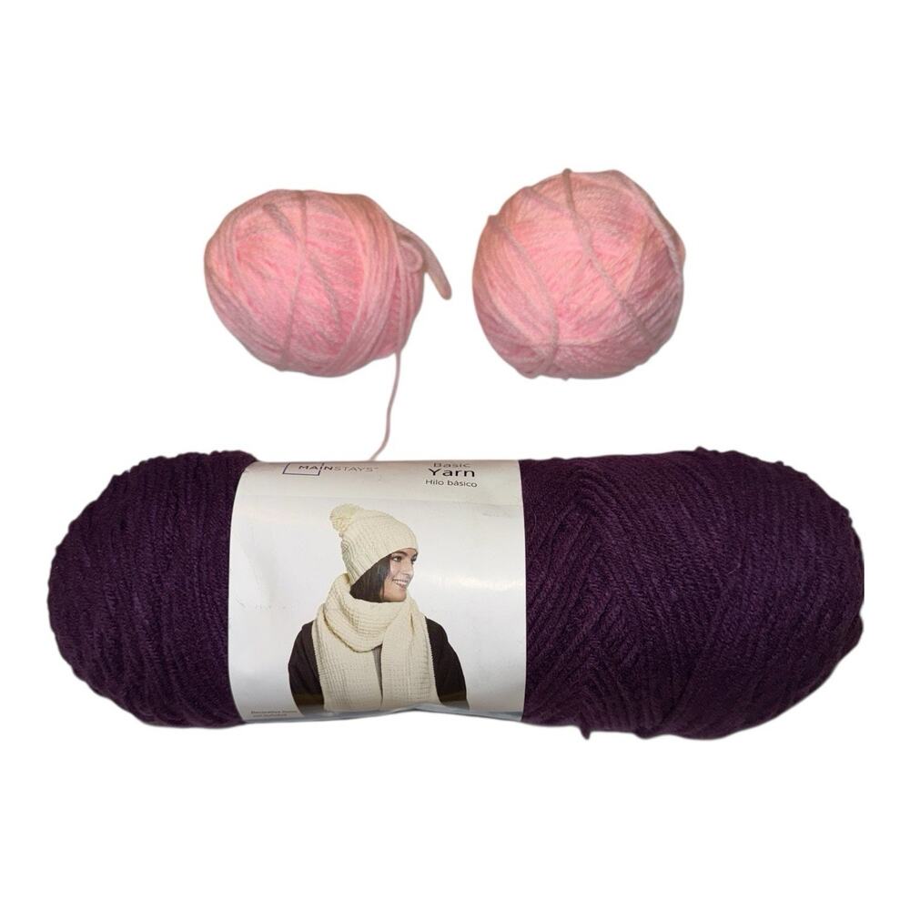 Lot of 3 Yarn Skeins Mainstays Basic Purple 7oz + 2 Pink Unmarked‎ Crochet Knit